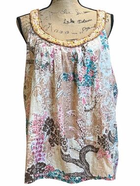 American Rag Cie Multi Floral Eyelet Camisole w/  Beaded Scoop Neck EC size XL